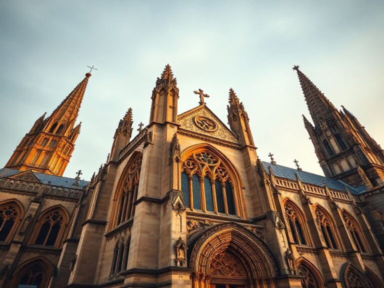 Exterior view of Ripon Cathedral at golden hour, showcasing its Gothic arches and octagonal chapter house. The scene includes