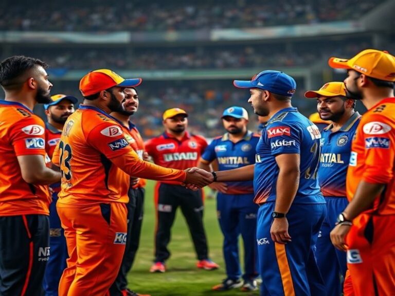 A split-screen image showing the SRH team in their orange jerseys celebrating in Hyderabad and the LSG team in purple celebra