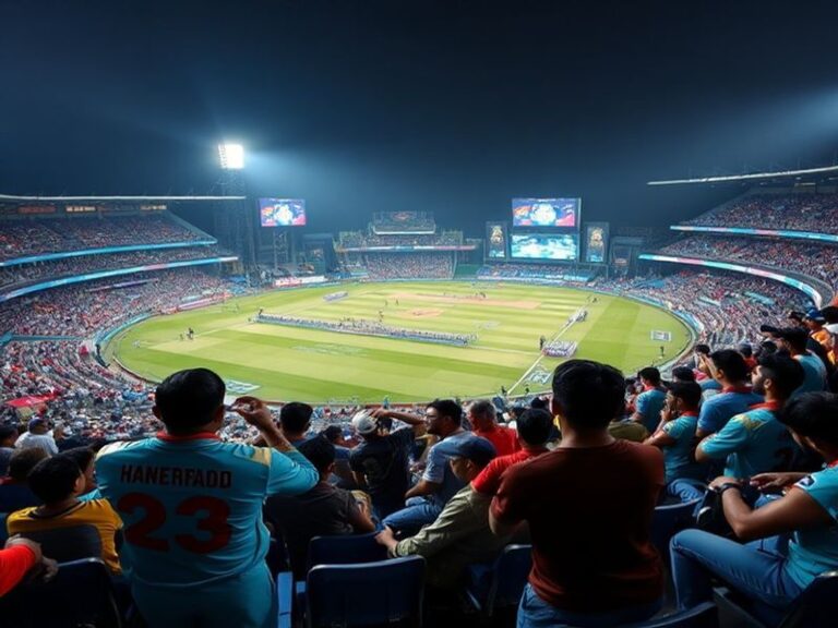 A vibrant stadium scene at night featuring players from SRH in orange and LSG in blue shaking hands before a high-energy IPL