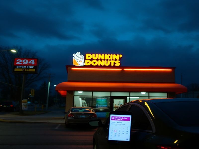 A Dunkin' storefront in early morning light on Easter Sunday, showing a closed sign on the door with a drive-thru lane open i