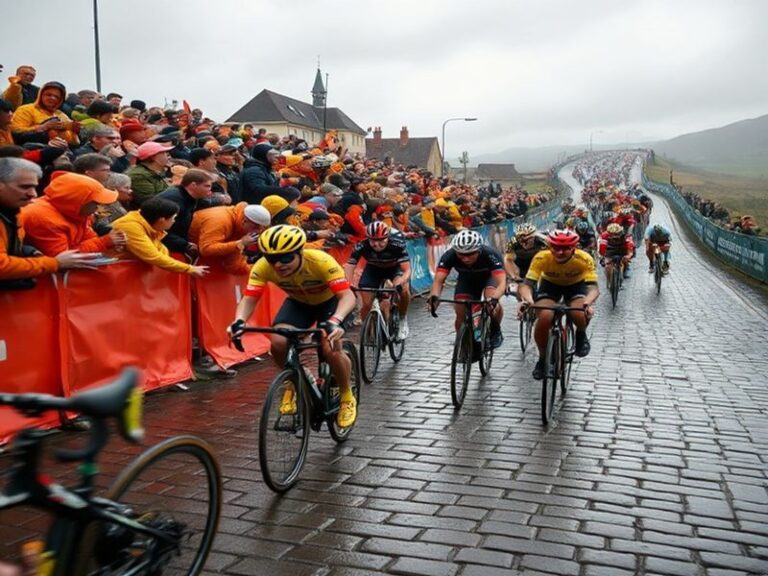 A dramatic shot of the Koppenberg climb during the Tour of Flanders, with riders battling up the steep cobbled slope under sp
