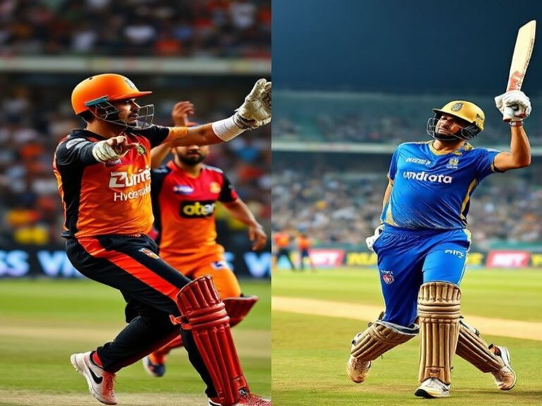 A split-screen image showing SRH's Pat Cummins and LSG's KL Rahul in mid-strategy discussion, with a cricket stadium blurred