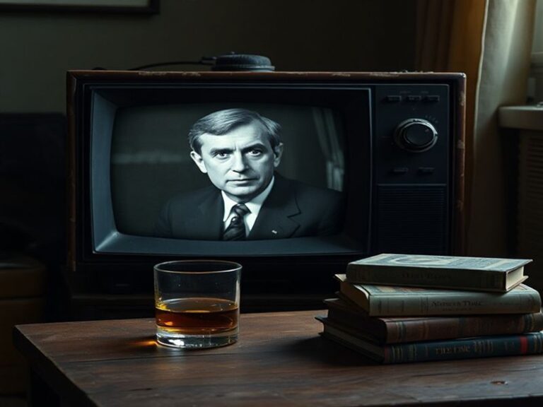 A black-and-white portrait of John Thaw as Inspector Morse, seated in a dimly lit study surrounded by books and a glass of be