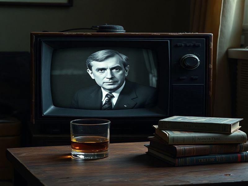 A black-and-white portrait of John Thaw as Inspector Morse, seated in a dimly lit study surrounded by books and a glass of be