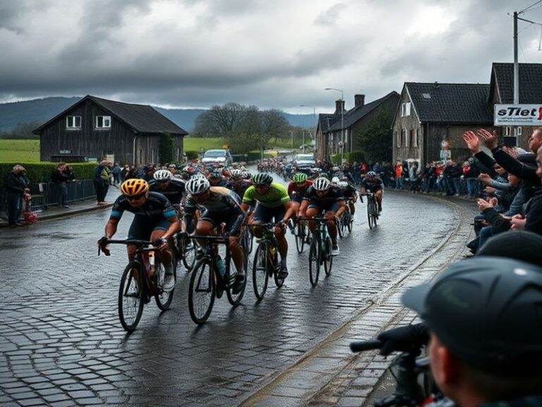 A dynamic shot of cyclists racing up the cobbled climb of the Koppenberg during the Tour of Flanders, with spectators lining