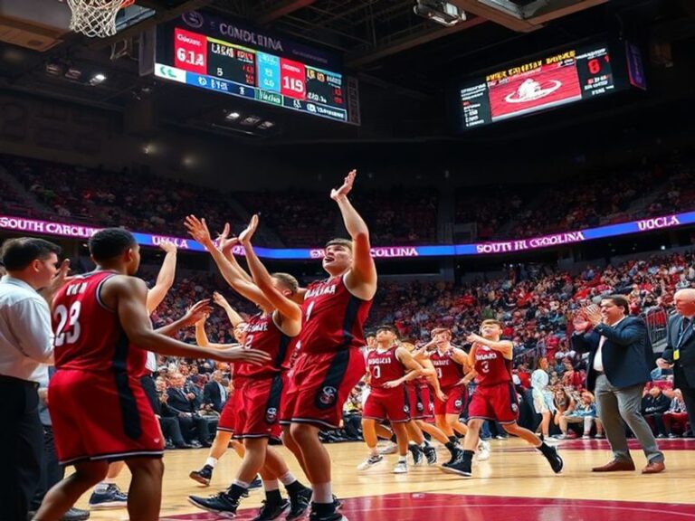 A dynamic action shot of the NCAA Women’s Basketball Championship final between South Carolina and UCLA, showing players in m