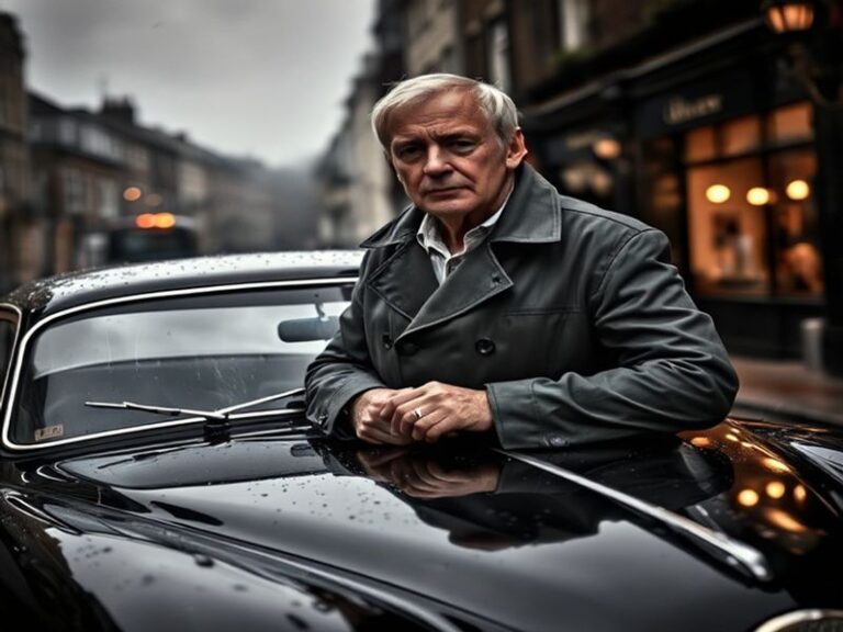A candid black-and-white photograph of John Thaw as Inspector Morse, leaning against a desk in a dimly lit office, with a con