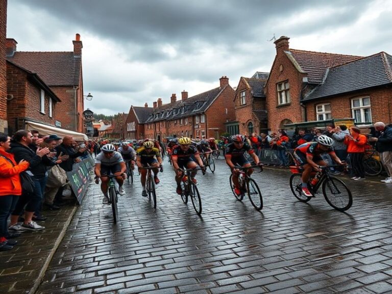 A dynamic scene of the Tour of Flanders with riders climbing the steep cobbled Muur van Geraardsbergen, surrounded by cheerin