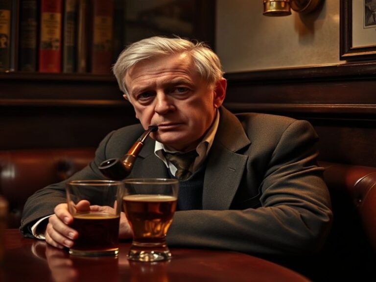 A black-and-white photograph of John Thaw in character as Inspector Morse, seated in his office at Oxford with a pipe in hand