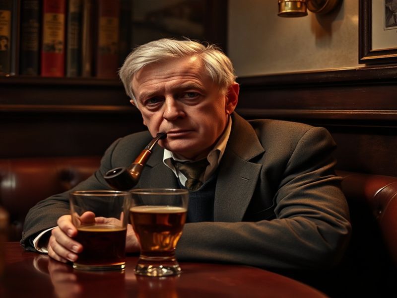 A black-and-white photograph of John Thaw in character as Inspector Morse, seated in his office at Oxford with a pipe in hand