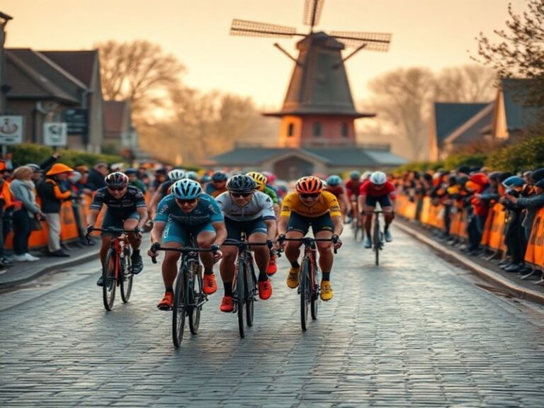A panoramic shot of the Muur van Geraardsbergen during the Tour of Flanders, with cyclists ascending the steep cobbled climb