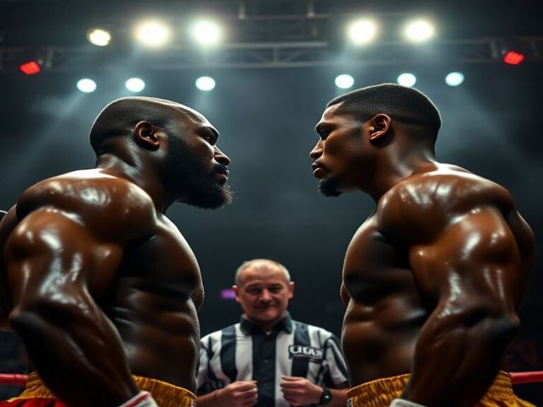 A split-screen image showing Deontay Wilder and Anthony Joshua mid-fight during their 2018 bout, with Wilder on the offensive
