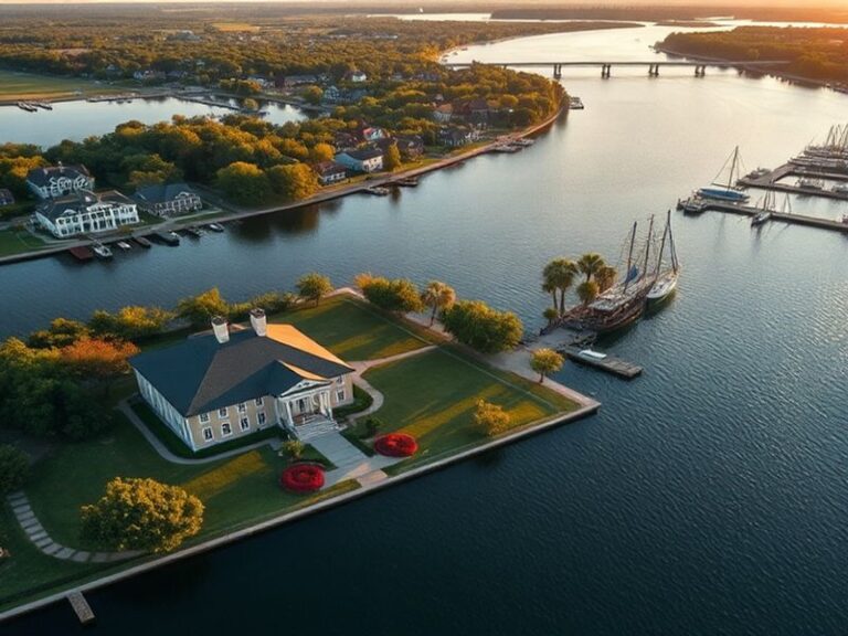 Aerial view of New Bern’s historic downtown along the Neuse River at golden hour, showing Tryon Palace gardens, the cupola of