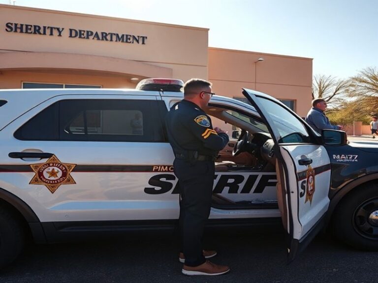 Aerial view of the Pima County Sheriff’s Department headquarters in Tucson at dusk, with patrol vehicles in the parking lot a