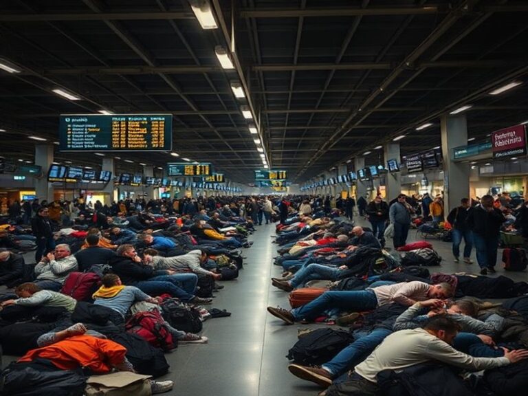A busy airport terminal with passengers slumped in chairs, luggage scattered around, and screens displaying canceled flights.