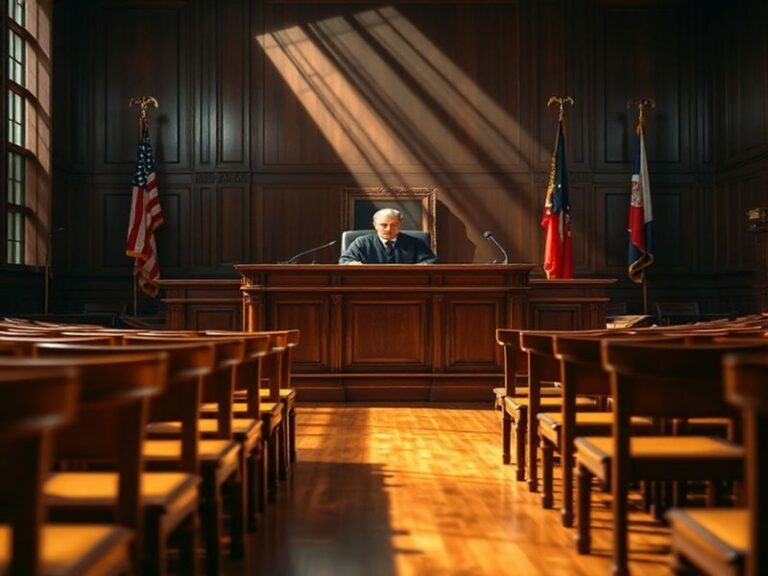 A courtroom scene showing a federal judge presiding over a case, with lawyers and a jury present. The setting is formal and d
