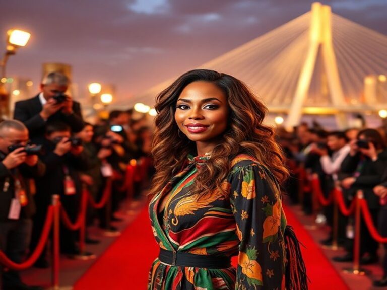 A cinematic shot of a South African game reserve at sunset, with a film crew setting up equipment near a watering hole. In th