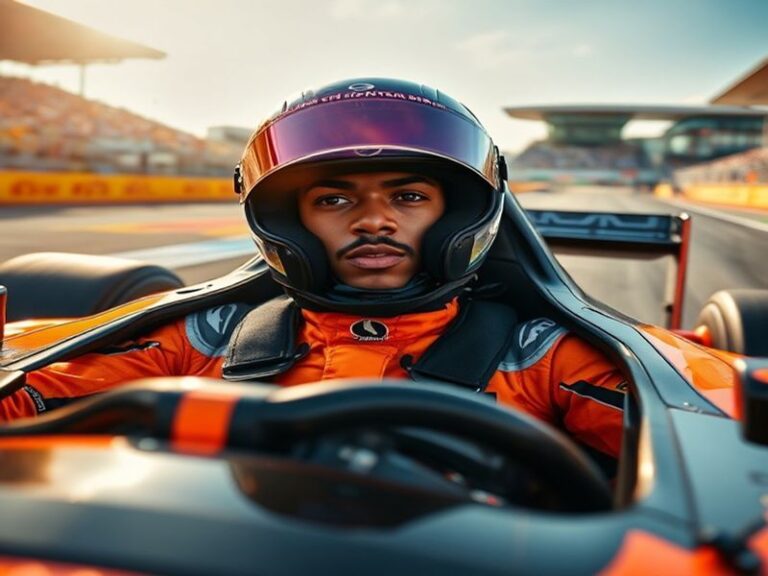 A dynamic image of Lewis Hamilton in a McLaren race car, surrounded by the team's engineers in a modern, eco-friendly garage.