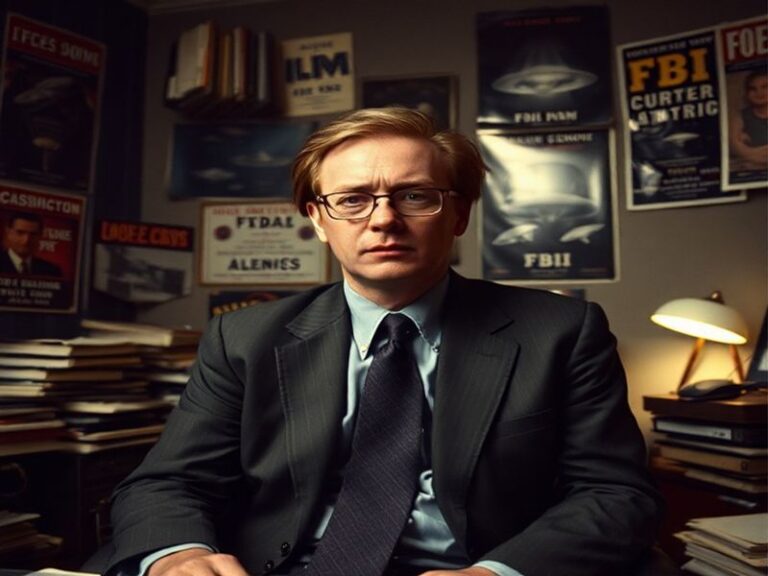 A moody close-up of David Duchovny as Fox Mulder in his FBI trench coat, standing in a dimly lit office with the iconic 'I Wa