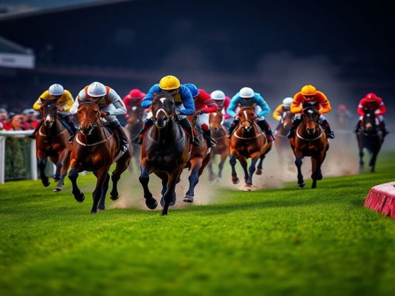 A vibrant scene at Aintree Racecourse during the Grand National, with horses and jockeys mid-race under overcast skies. In th