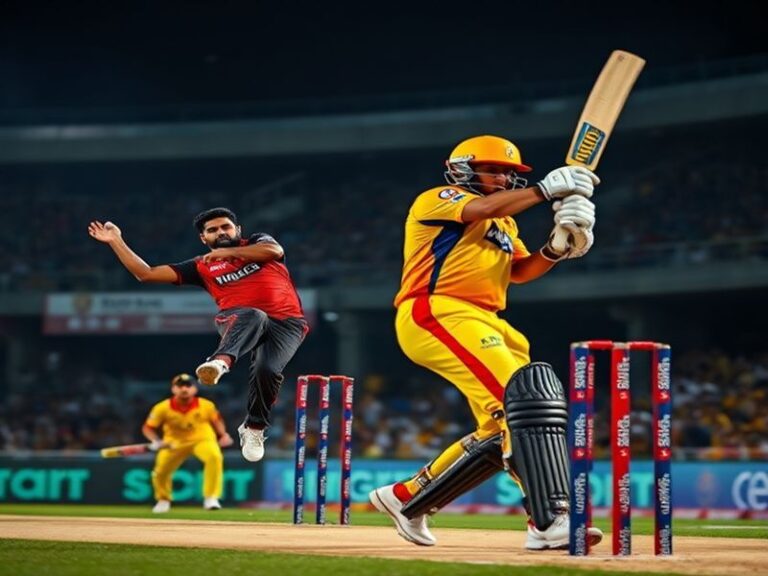 A vibrant cricket stadium packed with fans, featuring RCB and CSK players in action under bright lights. The atmosphere is el