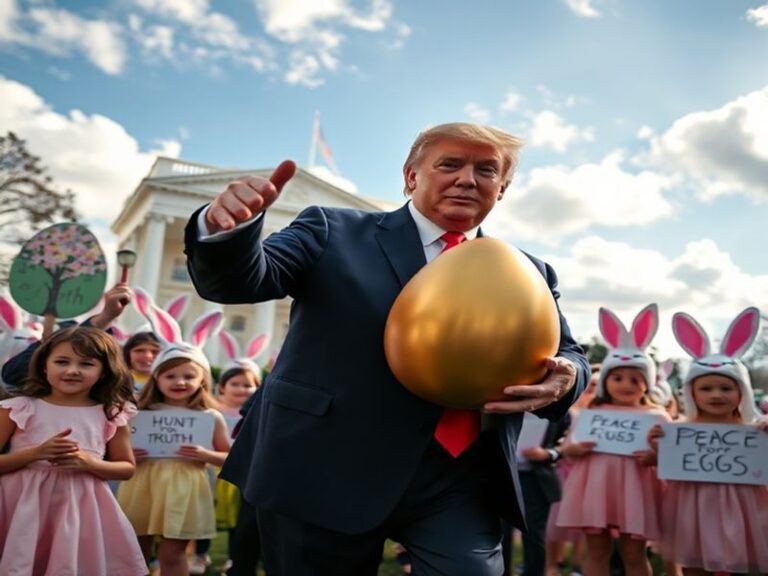 A split-image showing Donald Trump attending church on Easter Sunday on one side, and a traditional Easter egg hunt scene on