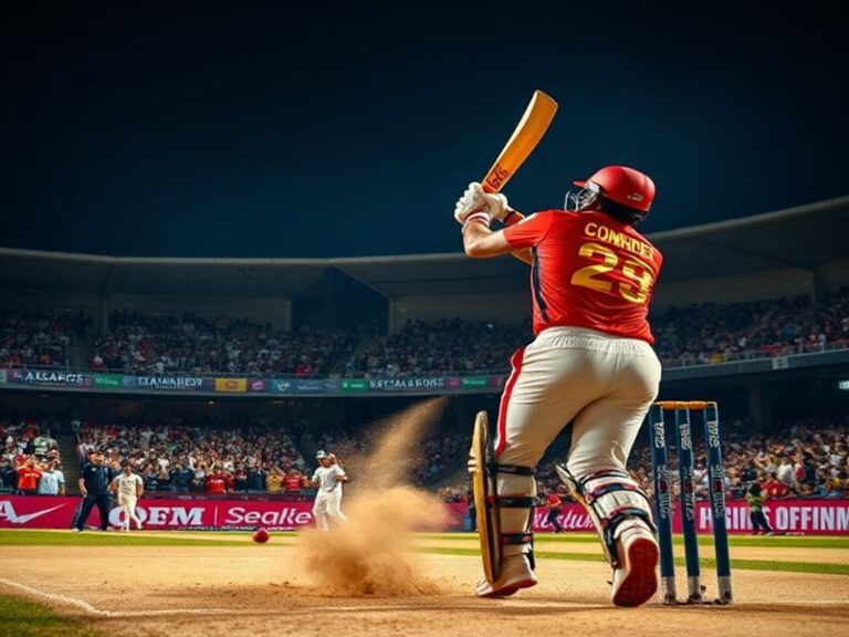 A vibrant stadium shot of RCB vs CSK match with fans holding flags, players in action, and the iconic IPL scoreboard. The moo