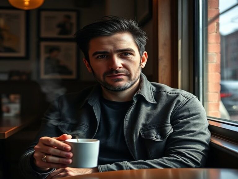 A well-lit studio portrait of Dan Levy in a stylish, modern setting, wearing a casual yet polished outfit. Behind him, subtle