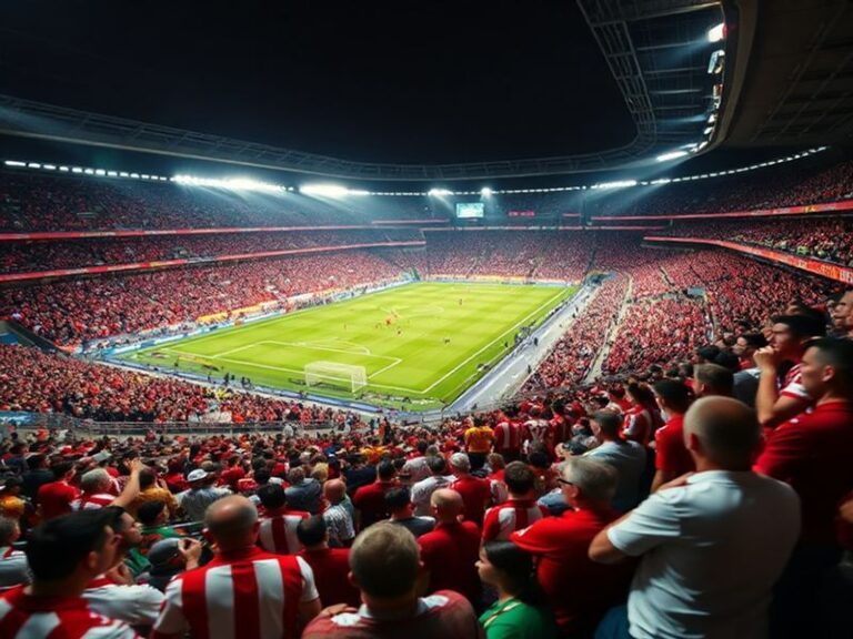 A vibrant shot of Mestalla Stadium filled with fans under floodlights, Valencia players in white and black warming up, Celta