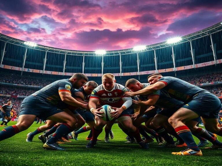 A dynamic action shot of Bordeaux Bègles and Leicester Tigers players competing for the ball in a packed stadium, with vivid