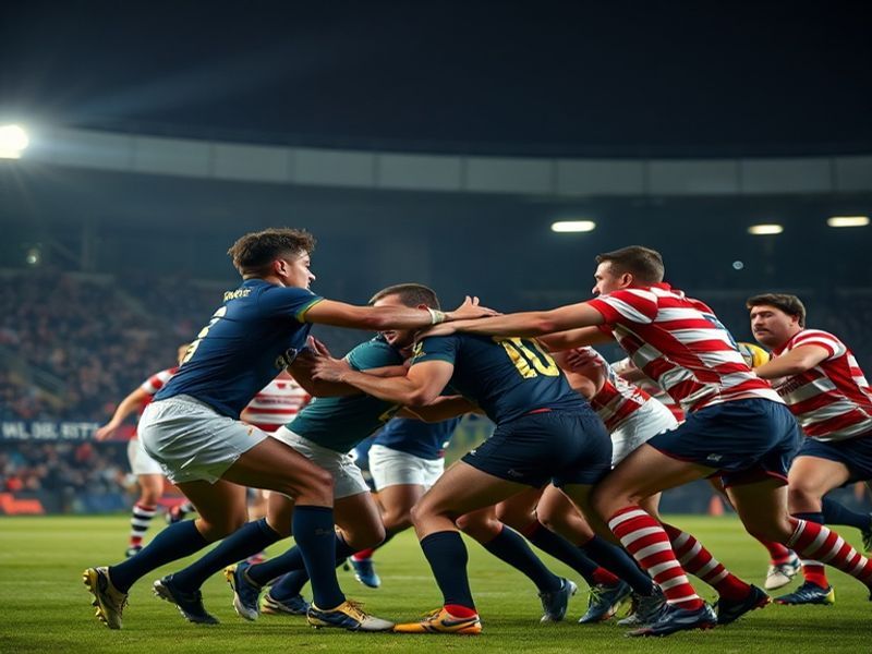 A dynamic action shot of Bordeaux Bègles and Leicester Tigers players mid-match at a packed stadium, with the Bordeaux team i