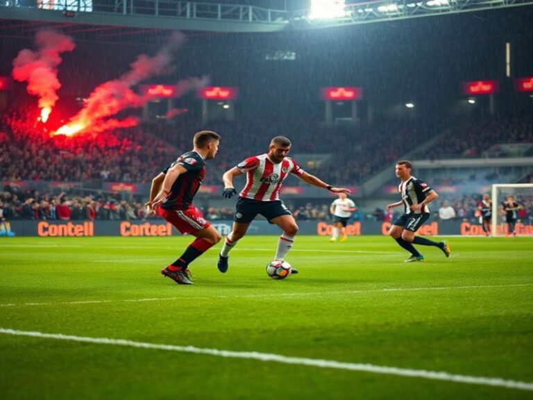 A vibrant stadium atmosphere with Union Berlin and St. Pauli fans facing off, featuring banners, scarves, and a tense pitch-s