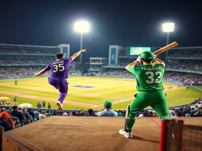 A vibrant cricket stadium at night, filled with fans wearing green (Quetta) and yellow (Multan) jerseys, cheering as players