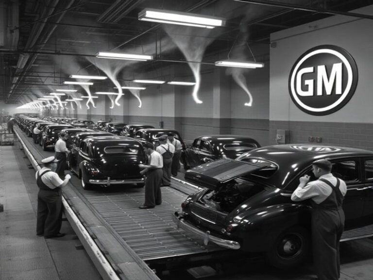 A split-image illustration showing a vintage 1920s GM assembly line on the left and a modern GM electric vehicle assembly lin