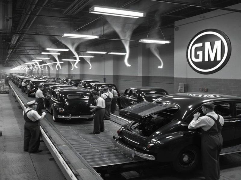 A split-image illustration showing a vintage 1920s GM assembly line on the left and a modern GM electric vehicle assembly lin