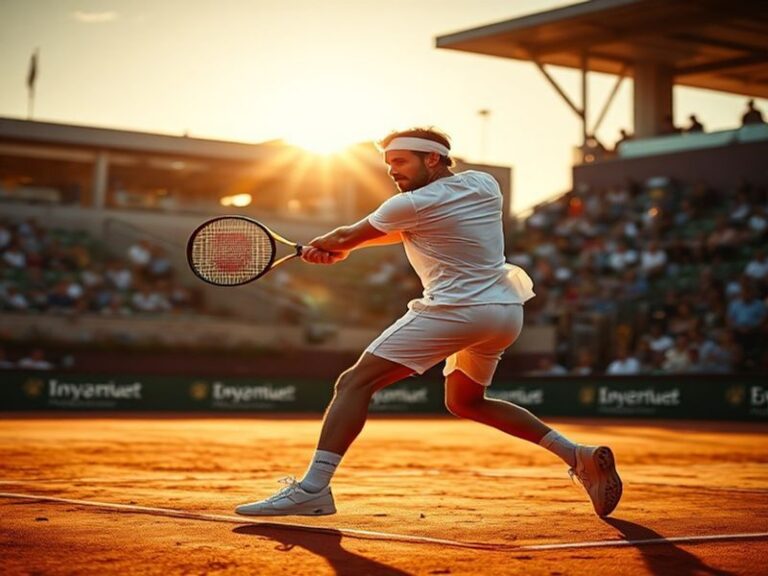 A focused action shot of Marco Trungelliti mid-match on a hard court, wearing an intense expression, with a crowded stadium b
