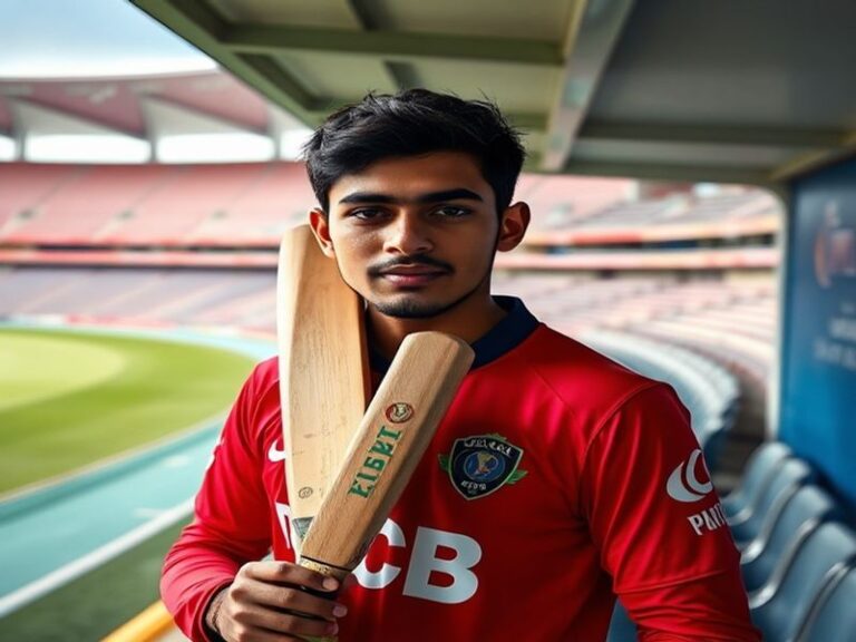 A dynamic action shot of Rajat Patidar mid-swing during an IPL match, wearing RCB’s red jersey, at the M. Chinnaswamy Stadium