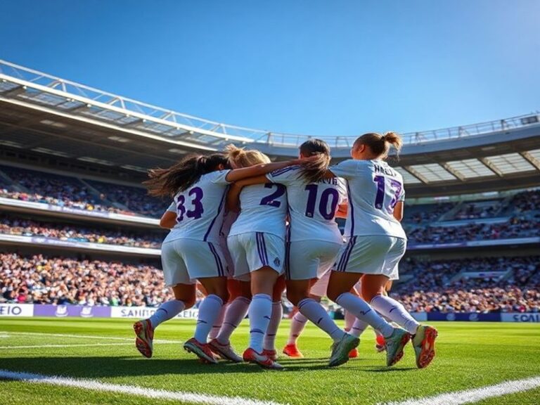 A vibrant match scene at the Estadio Alfredo Di Stéfano, featuring Real Madrid Femenino players in action, with a crowd of en