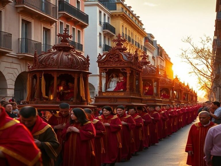 A vibrant scene of an Andean Pascua festival at sunset, with dancers in colorful traditional costumes, indigenous musicians p