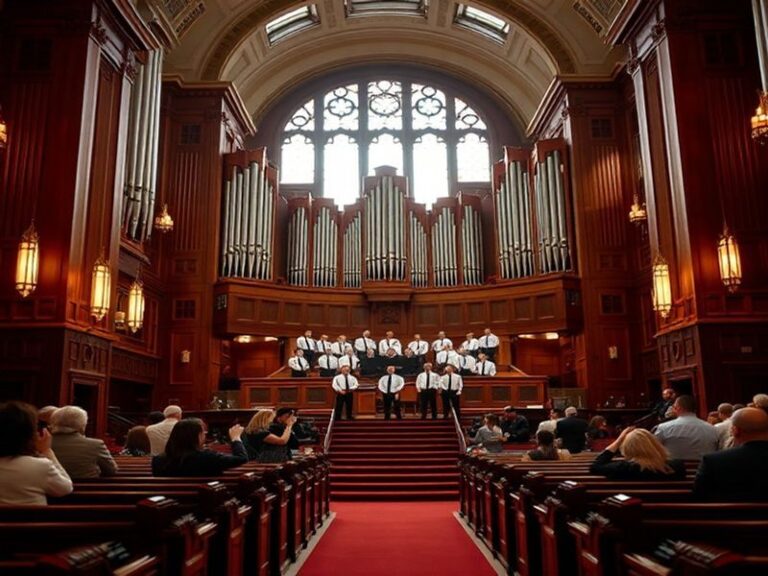 A panoramic view of the Salt Lake Tabernacle during an LDS General Conference session, showing the historic building filled w