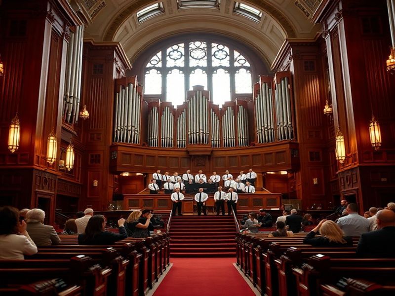 A panoramic view of the Salt Lake Tabernacle during an LDS General Conference session, showing the historic building filled w
