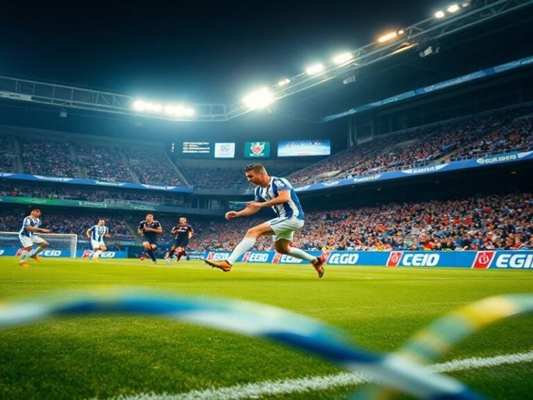 A vibrant stadium scene showing Real Oviedo and Sevilla players in action, with Asturian and Andalusian flags waving in the s