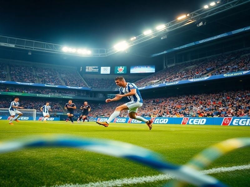 A vibrant stadium scene showing Real Oviedo and Sevilla players in action, with Asturian and Andalusian flags waving in the s