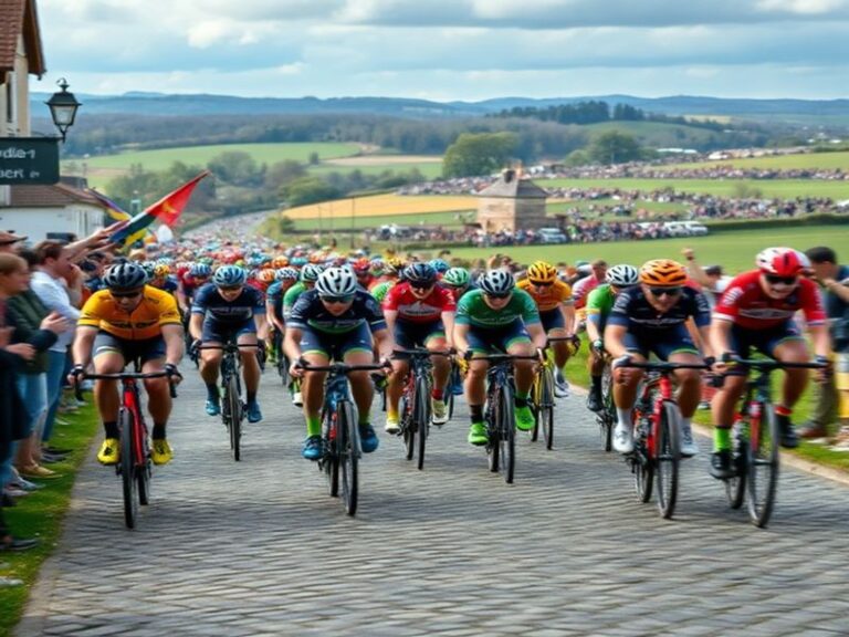 A dynamic scene of the Flanders Bike Race with riders climbing the cobbled Koppenberg under overcast skies, surrounded by che