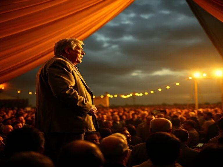 A black-and-white photograph of Billy Graham preaching to a large outdoor crowd under a clear sky, with a cross prominently d