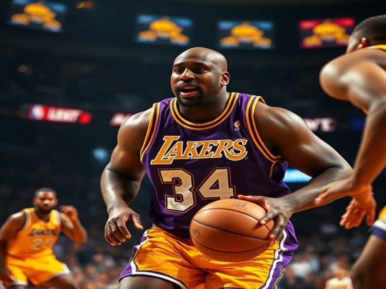 A dynamic action shot of Shaqir O’Neal mid-game, wearing a jersey with his name and number, surrounded by teammates on a prof