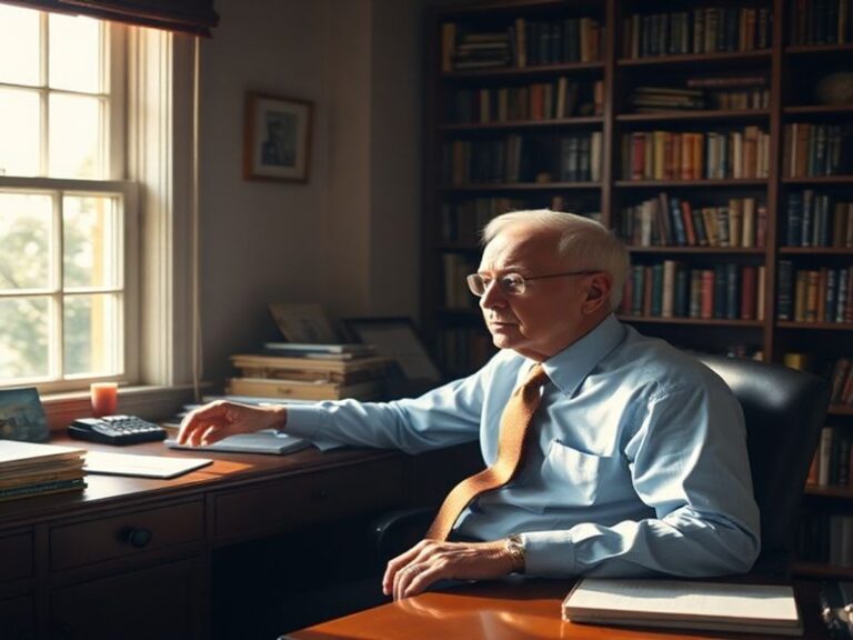 A dignified portrait of Henry B. Eyring in a suit, sitting in a softly lit study surrounded by books, reflecting his roles as