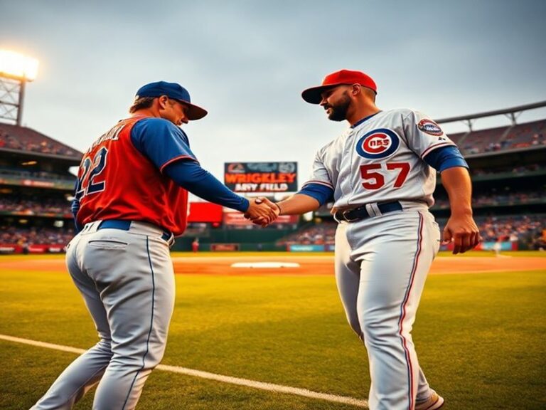A dynamic baseball scene at Wrigley Field with the Chicago Cubs and Cleveland Guardians players mid-game, showcasing the vibr