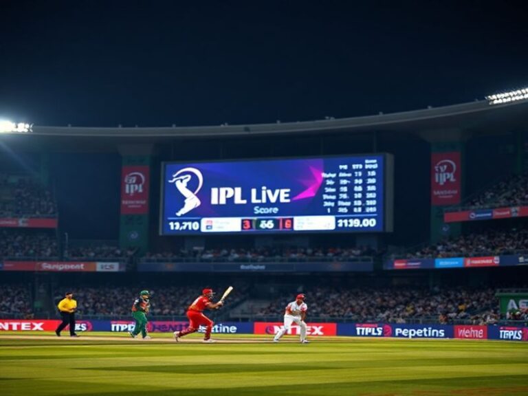 A vibrant digital scoreboard displaying an IPL match in progress, with global fan silhouettes in the background, connected by