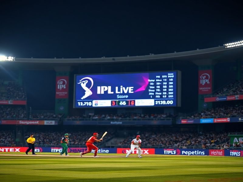 A vibrant digital scoreboard displaying an IPL match in progress, with global fan silhouettes in the background, connected by